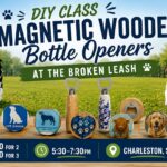 Guests creating dog-themed magnetic wooden bottle openers during a DIY workshop at The Broken Leash.