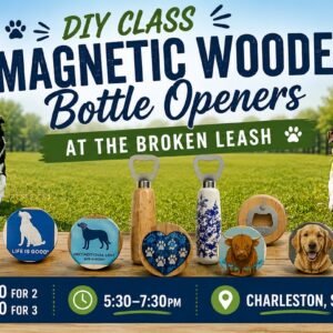 Guests creating dog-themed magnetic wooden bottle openers during a DIY workshop at The Broken Leash.
