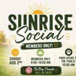Dogs enjoying early morning play during Sunrise Social at The Broken Leash with donuts available.