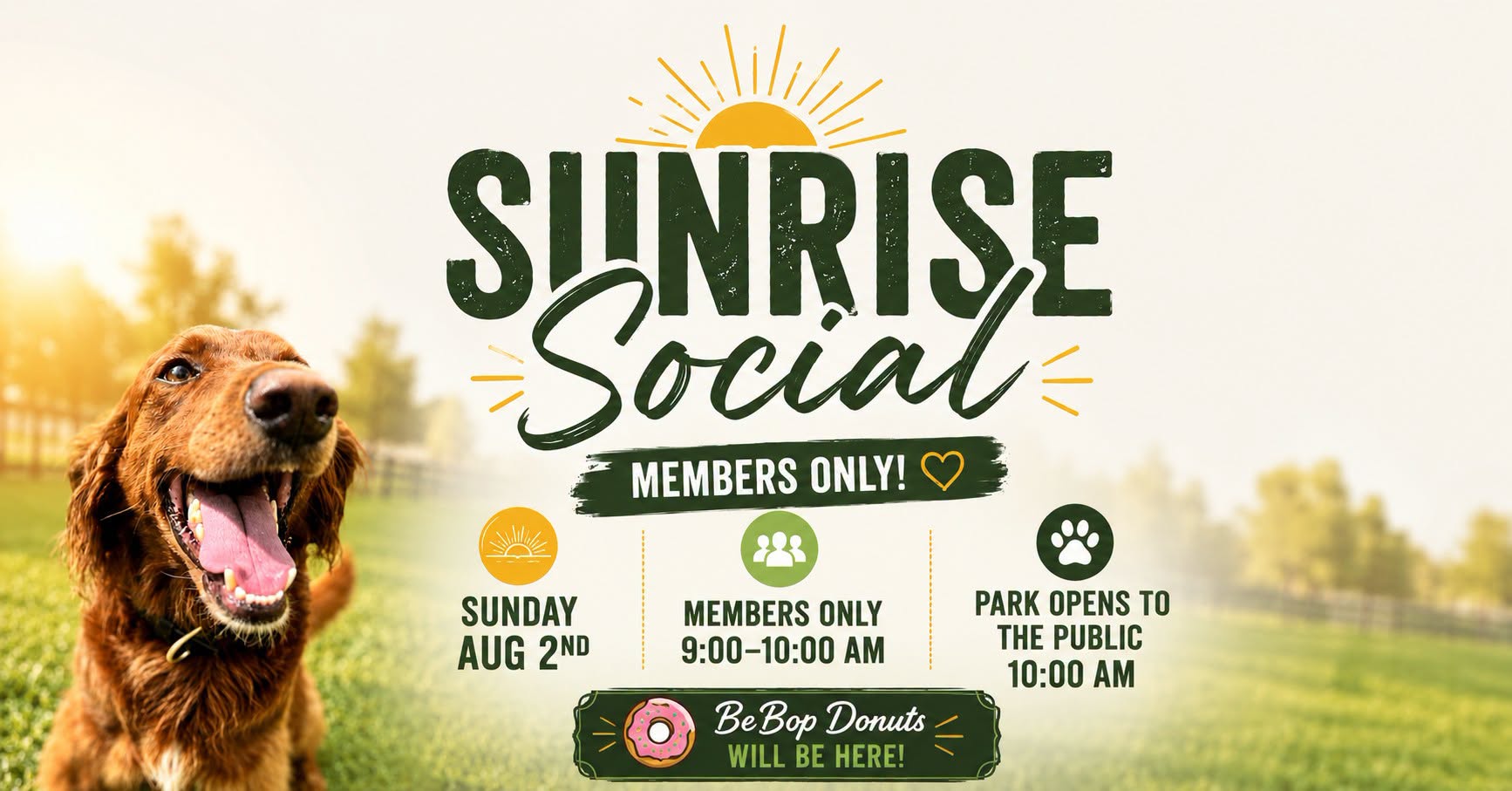 Dogs enjoying early morning play during Sunrise Social at The Broken Leash with donuts available.