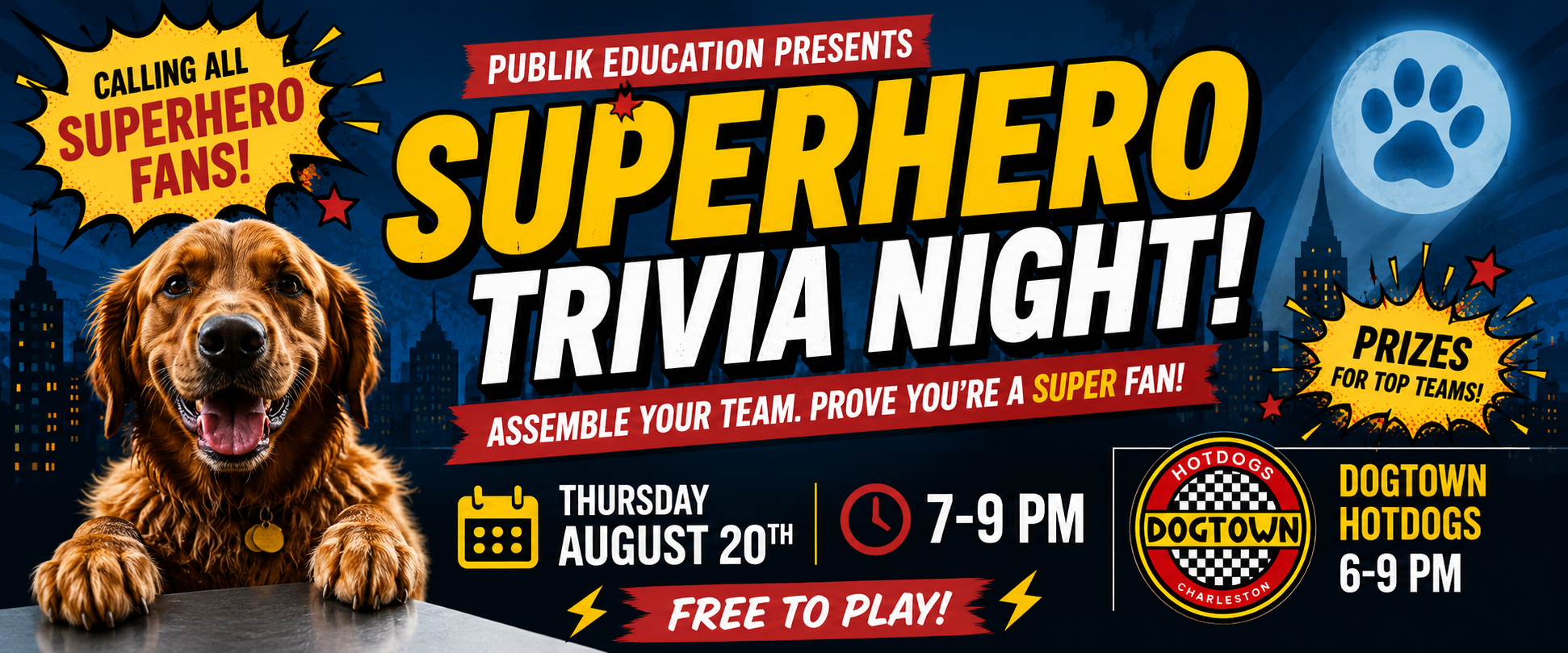 Guests playing Superhero Trivia with Publik Education at The Broken Leash Dog Park & Bar while enjoying Dogtown Hotdogs.