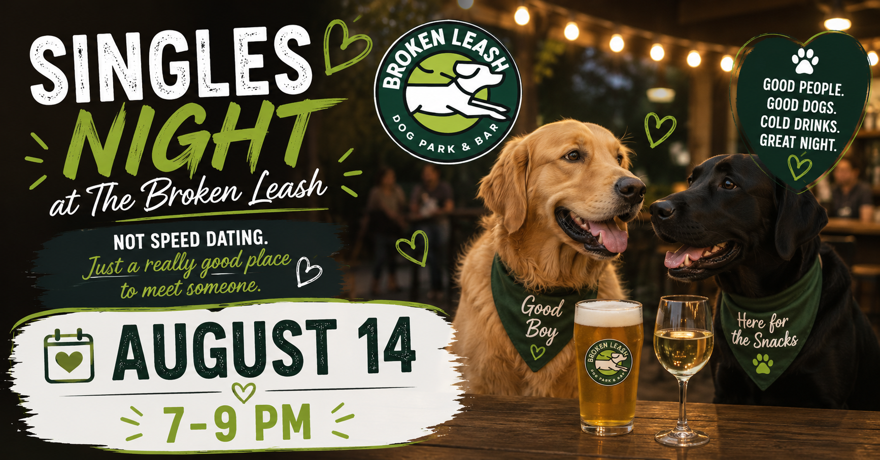 Singles enjoying drinks and conversation with their dogs at Singles Night at The Broken Leash.