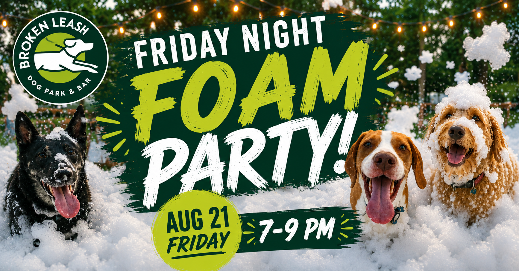 Dogs playing in foam during a Friday Night Foam Party at The Broken Leash Dog Park & Bar.