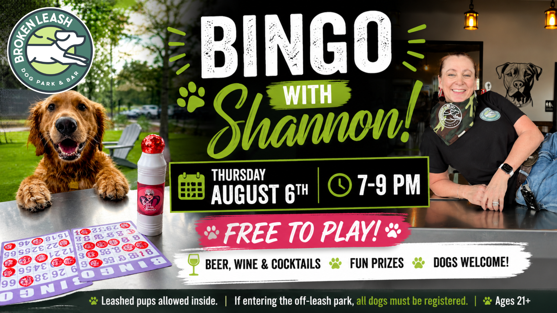 Guests enjoying Bingo with Shannon and Dogtown Hotdogs at The Broken Leash Dog Park & Bar.