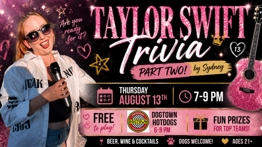 Guests participating in Taylor Swift Trivia at The Broken Leash Dog Park & Bar while enjoying food from Dogtown Hotdogs.
