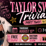 Guests participating in Taylor Swift Trivia at The Broken Leash Dog Park & Bar while enjoying food from Dogtown Hotdogs.