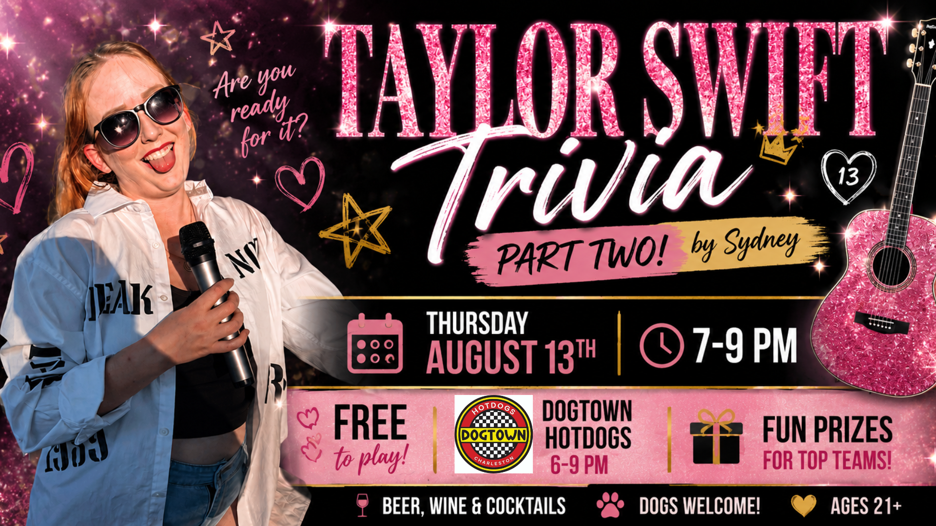 Guests participating in Taylor Swift Trivia at The Broken Leash Dog Park & Bar while enjoying food from Dogtown Hotdogs.