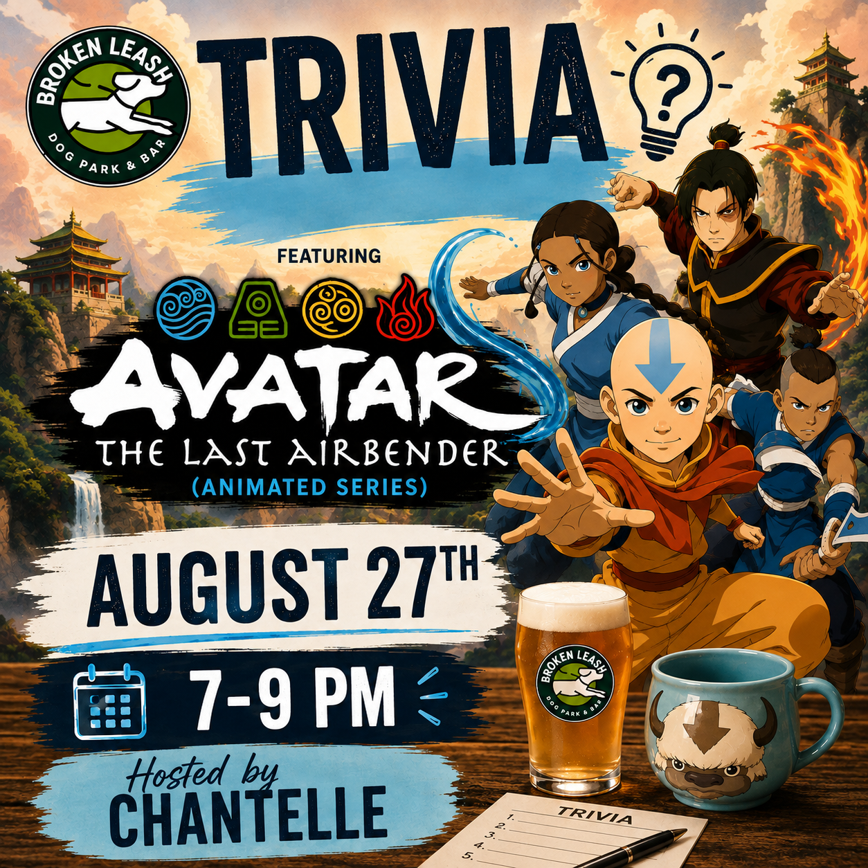 Guests participating in Avatar: The Last Airbender animated series trivia night at The Broken Leash Dog Park & Bar.