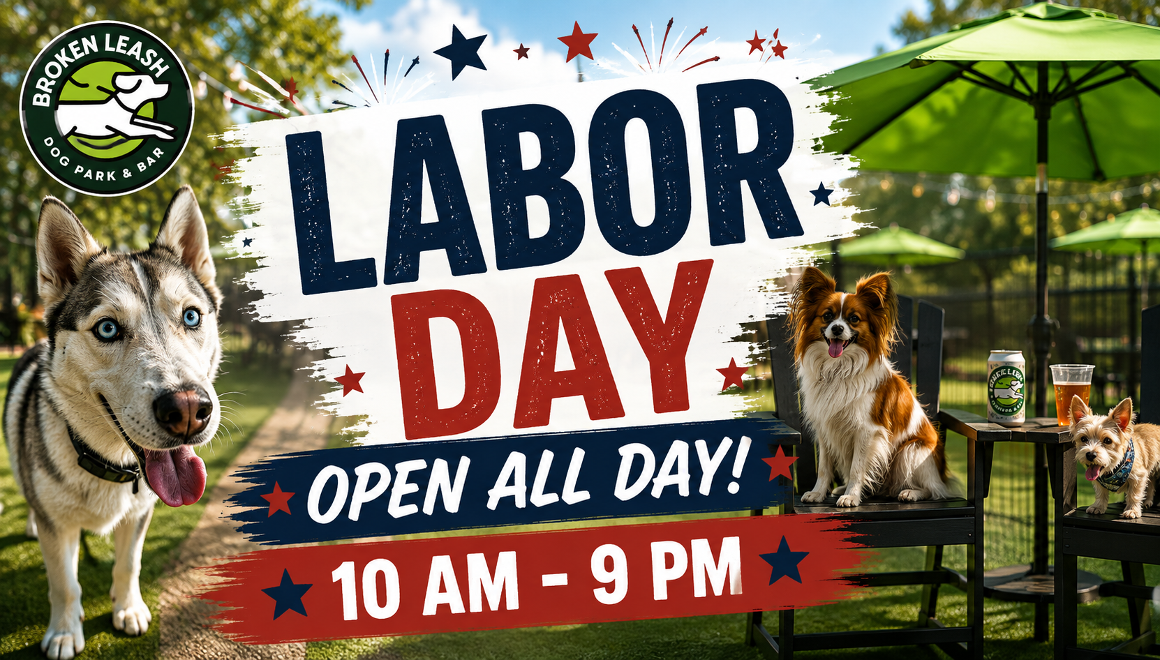 Dogs and guests enjoying Labor Day at The Broken Leash Dog Park & Bar.