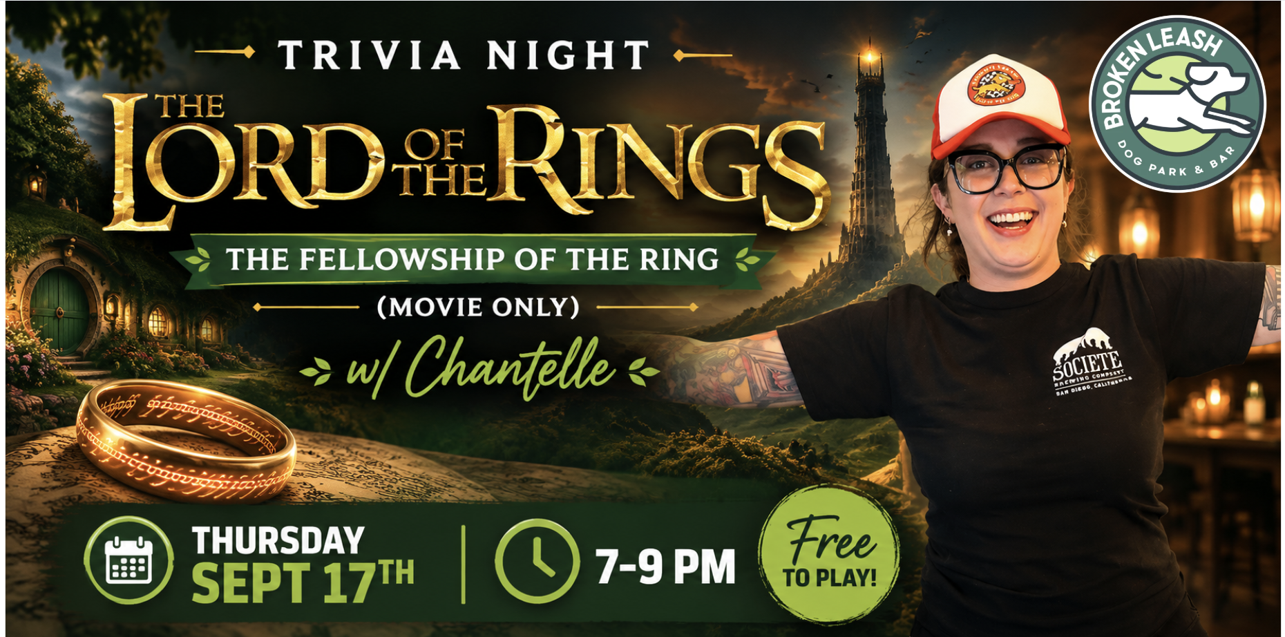 Guests participating in Lord of the Rings: The Fellowship of the Ring movie trivia at The Broken Leash Dog Park & Bar.