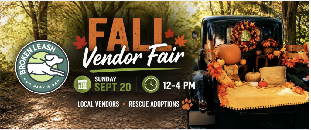 Guests shopping with their dogs during the Pups & Pints Fall Vendor Fair at The Broken Leash.