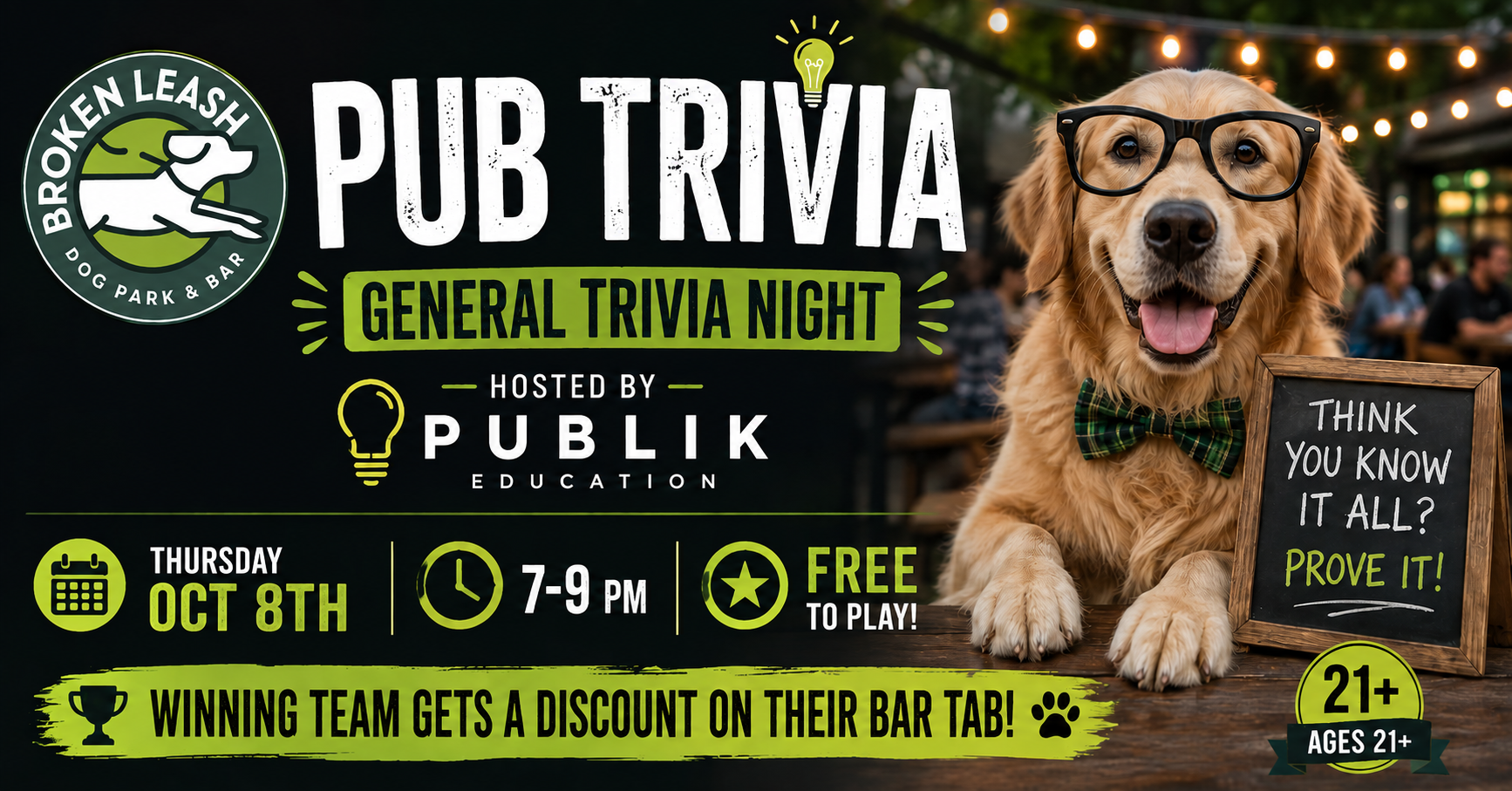 Guests playing General Trivia with Publik Education at The Broken Leash Dog Park & Bar in North Charleston.