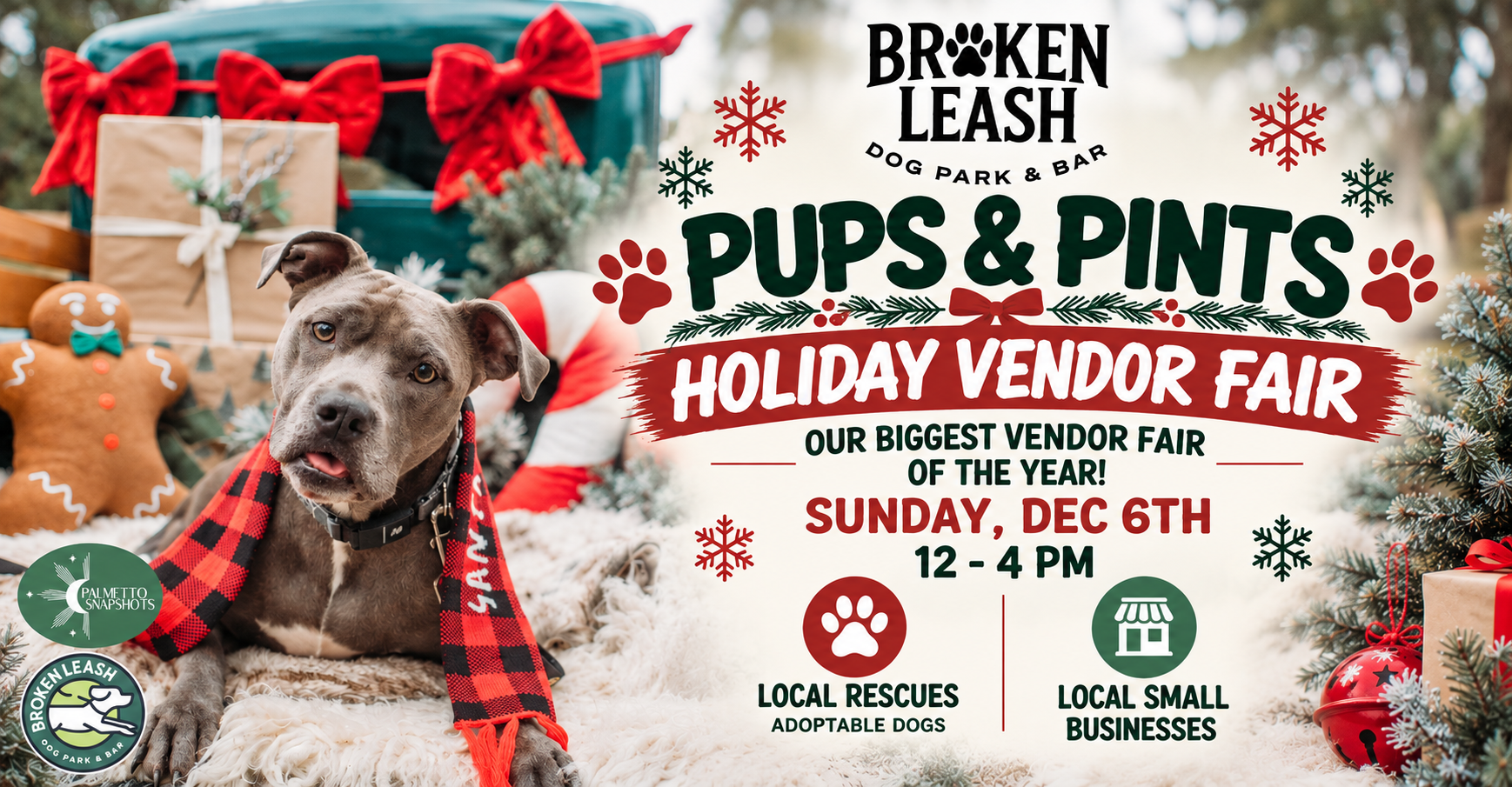 Holiday vendor fair with local small businesses, dog lovers, and rescue dogs at The Broken Leash Dog Park & Bar in North Charleston.