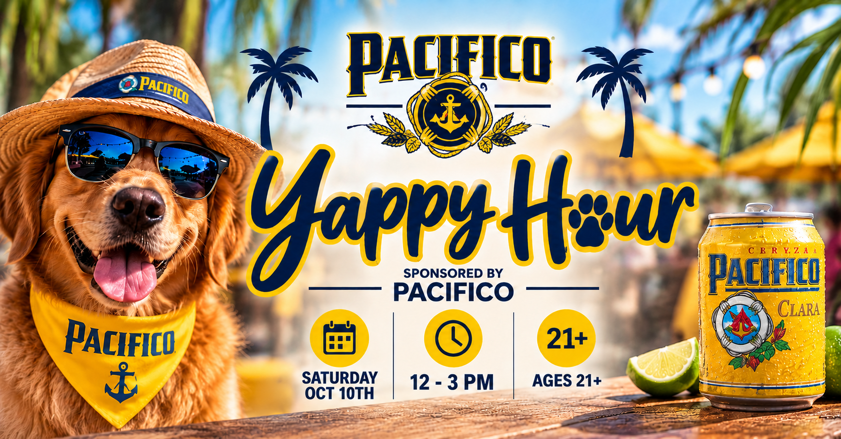 Pacifico Yappy Hour with beer, dog tag engraving, merch giveaways, and dogs at The Broken Leash Dog Park & Bar.