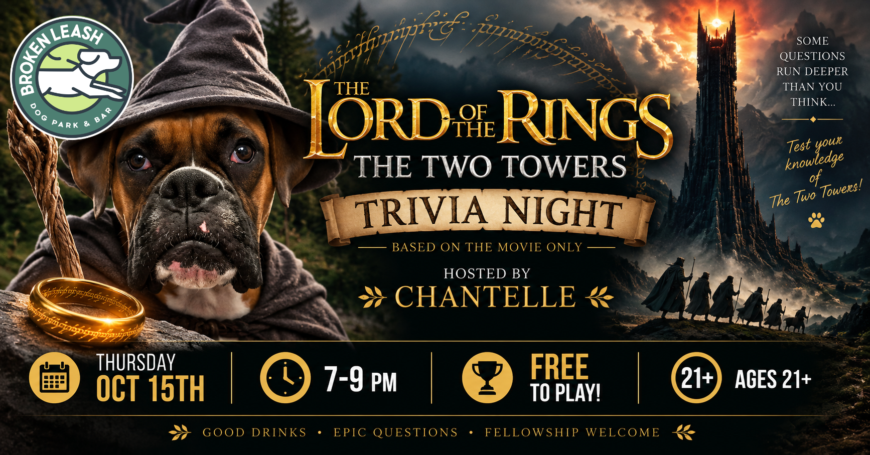 Lord of the Rings The Two Towers movie trivia night at The Broken Leash Dog Park & Bar in North Charleston.