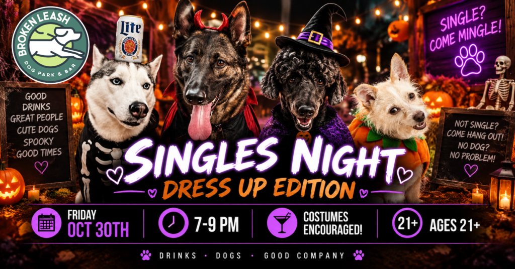 Halloween Singles Night costume event at The Broken Leash Dog Park & Bar in North Charleston.